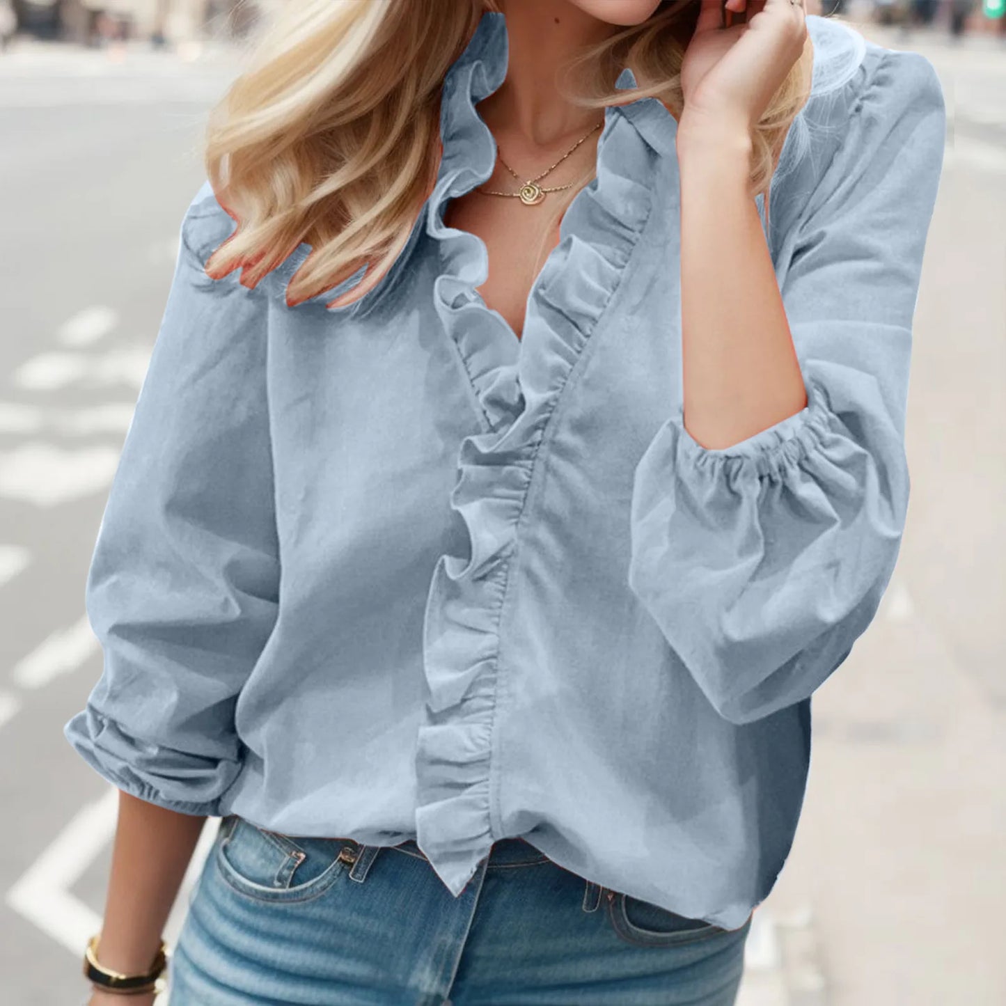 Breezy Beauty: Loose Fit V Neck Blouse with Lantern Sleeves