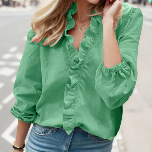 Breezy Beauty: Loose Fit V Neck Blouse with Lantern Sleeves