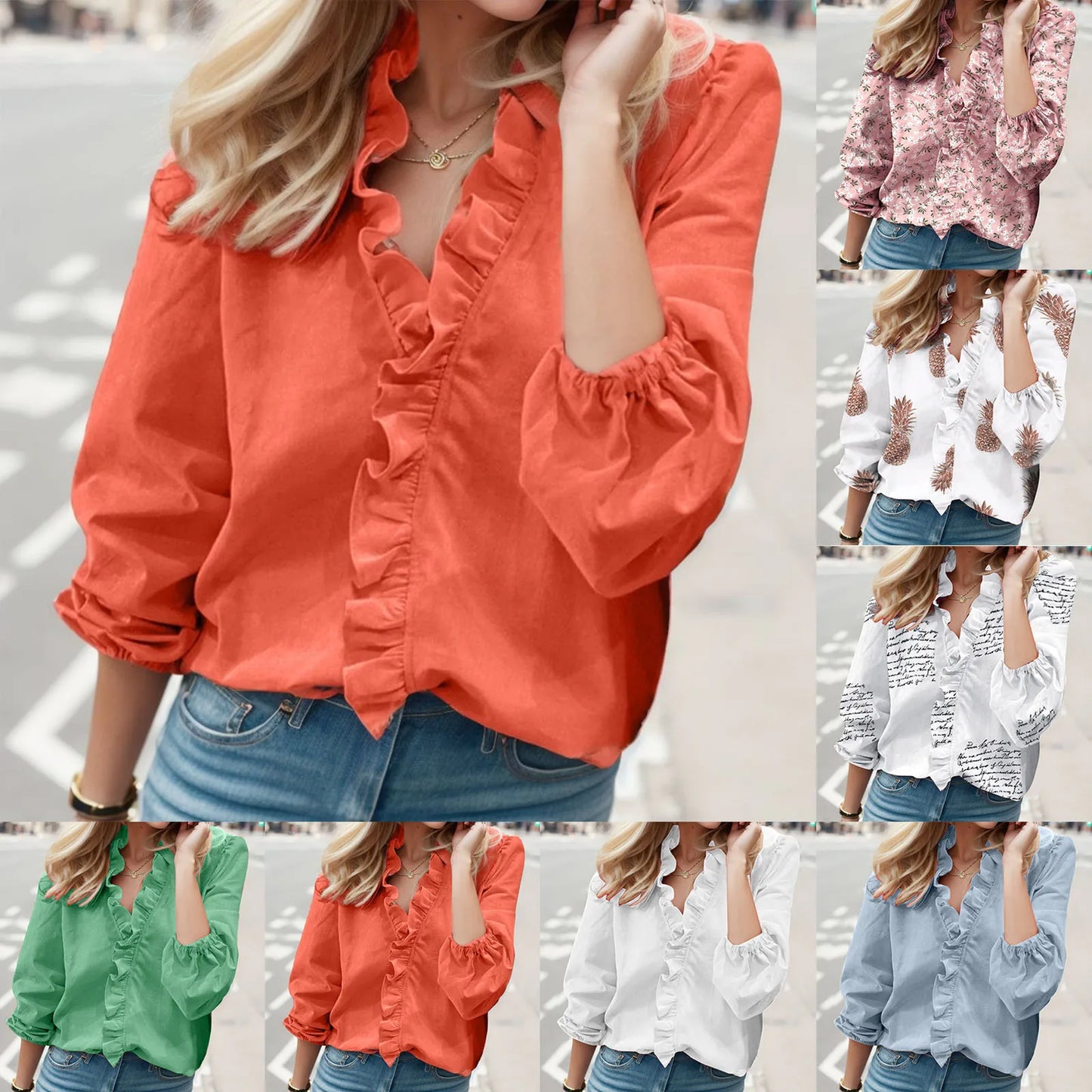 Breezy Beauty: Loose Fit V Neck Blouse with Lantern Sleeves